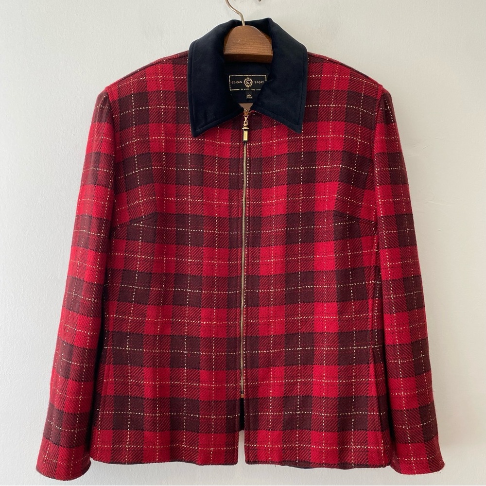 St. John Sport by Marie Gray red and black plaid jacket full zip gold thread